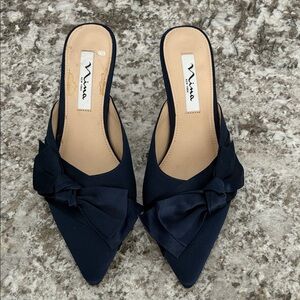 Nina Women's Dark Blue Satin Bow Mules